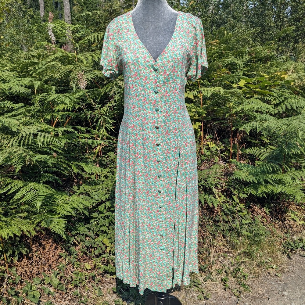 Vintage 90s Floral Rayon Button Front Dress 12 Cottagecore Tea Midi Pocket Green